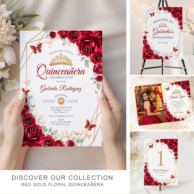 Quinceanera Dress Red Roses Gold Save The Date | Zazzle