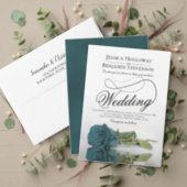 Elegant Long Stemmed Teal Turquoise Rose Wedding Invitation (Personalise this independent creator's collection.)