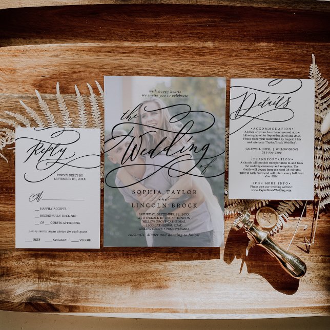 Romantic Calligraphy Monogram Photo Wedding All In One Invitation