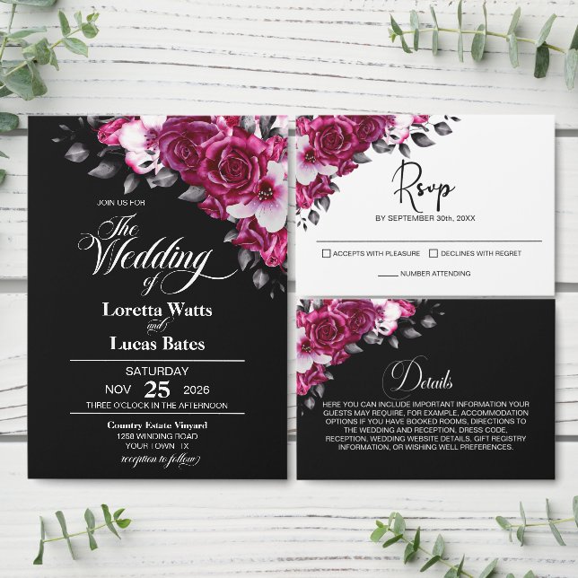 All In One Moody Red Rose Floral Black Wedding Invitation | Zazzle All In One Moody Red Rose Floral Black Wedding Invitation | Zazzle