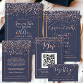 Rose gold confetti navy blue typography wedding invitation