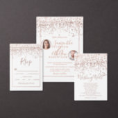 Rose gold confetti white script bridal shower invitation (Personalise this independent creator's collection.)