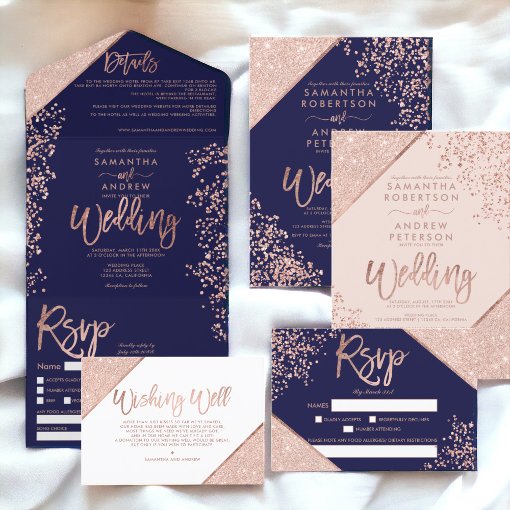 Rose Gold Glitter Confetti Navy Blue Wedding All In One Invitation Zazzle