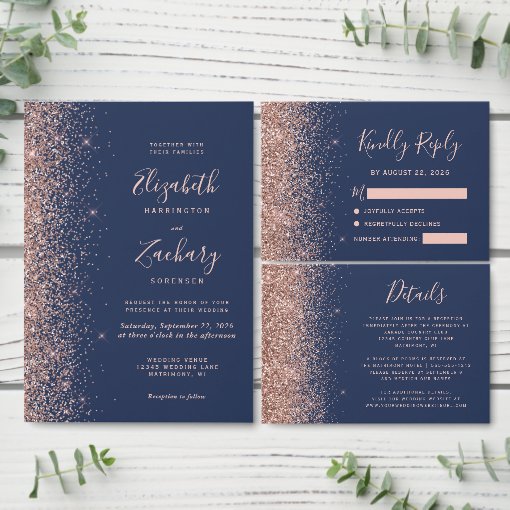 Modern Navy Blue Rose Gold Glitter Wedding Invitation | Zazzle