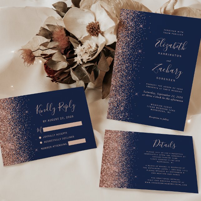 Rose Gold Glitter Edge Navy Blue Wedding Thank You Card