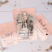 Modern girly faux rose gold glitter ombre Sweet 16 Invitation