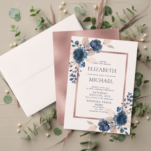 Rose Gold Navy Blue Dusty Pink Floral Wedding Invitation | Zazzle
