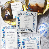 Blue and Blue Gray Leaves Flowers Border Wedding Invitation