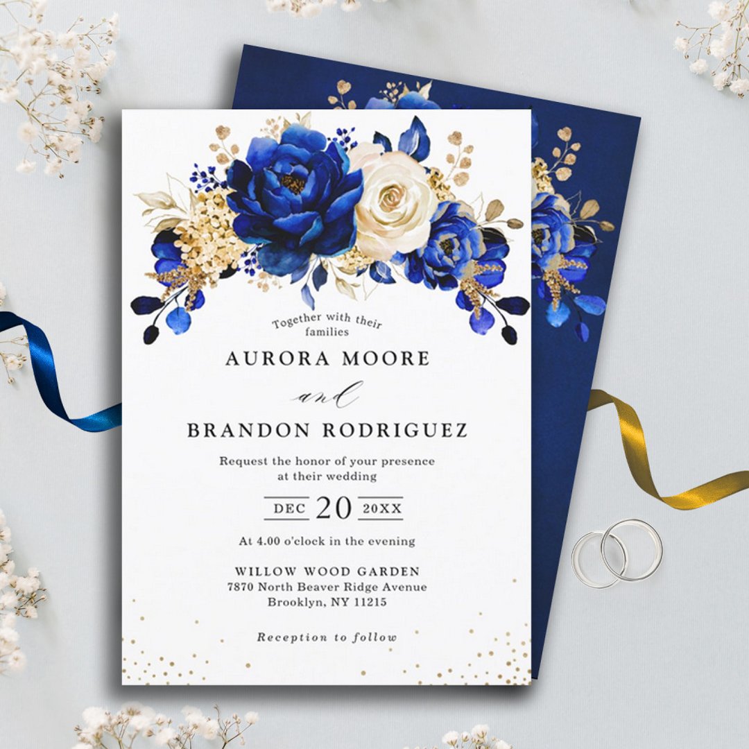 Royal Blue White Gold Metallic Floral Wedding Invi Invitation | Zazzle