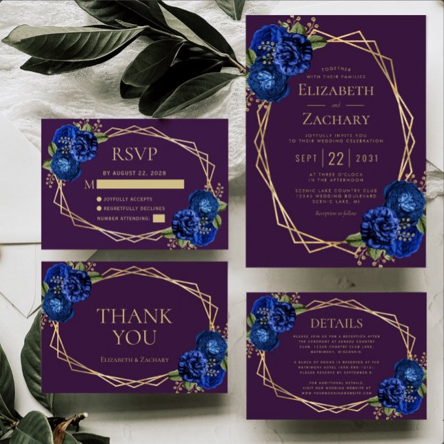 rsvpso　1105040 Purple Royal Blue Floral Gold Geometric Wedding RSVP Card | Zazzle