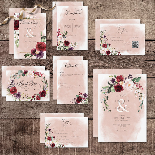 Rustic Burgundy & Blush Pink Roses Wedding Invitation | Zazzle