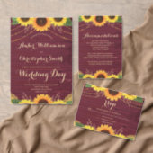 Rustic Sunflower Burgundy String Lights Wedding Invitation (Personalise this independent creator's collection.)