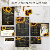 Rustic lights gold sunflowers barn wood wedding all in one invitation
