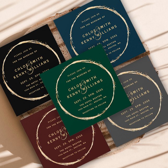 Forest Green Rustic Gold Circle Wedding Square Invitation
