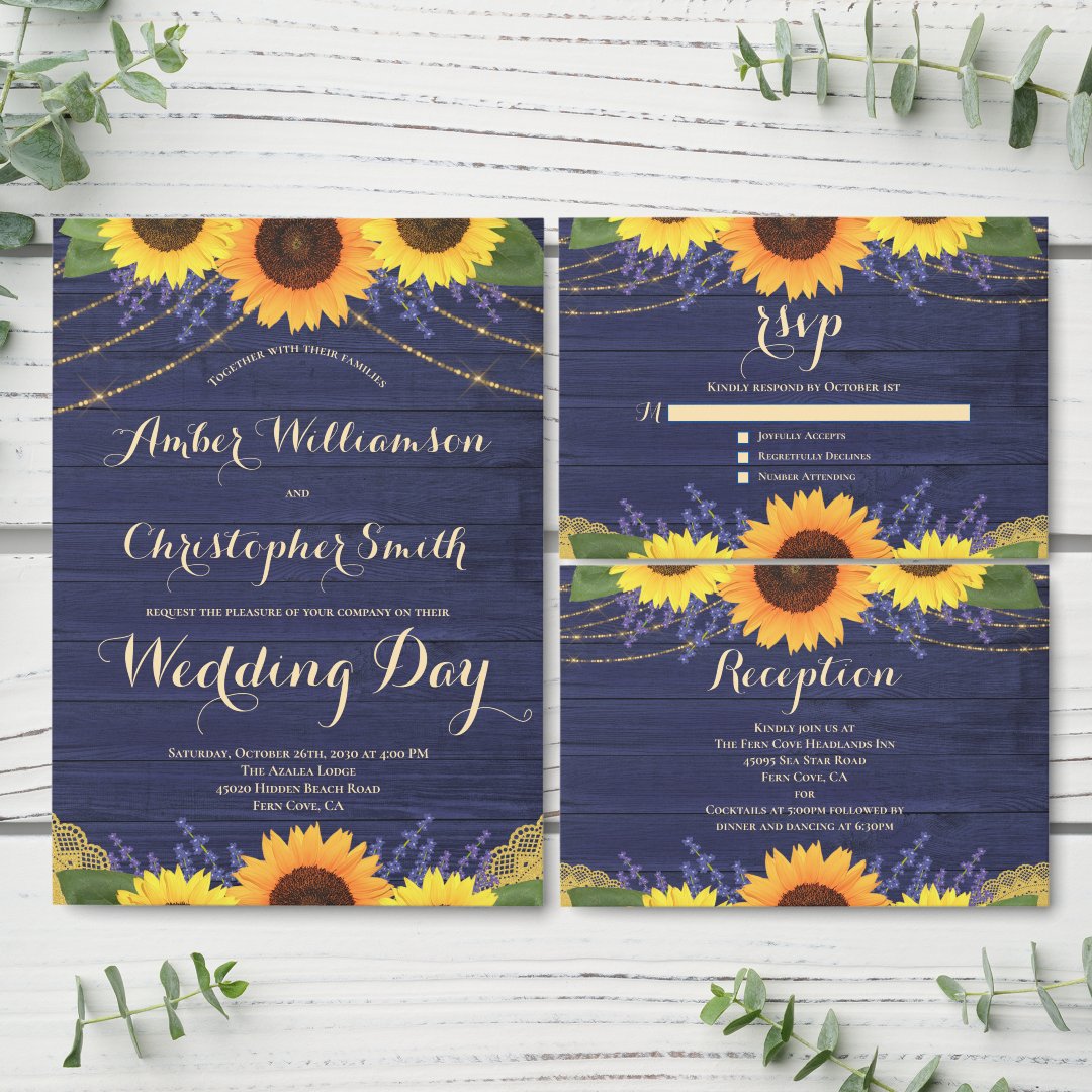 Rustic Navy Blue String Lights Sunflower Wedding Invitation | Zazzle