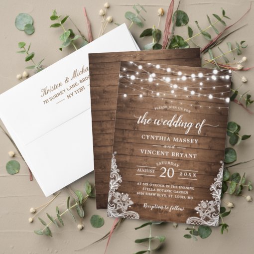 Rustic Wood Twinkle String Lights Lace Wedding Invitation | Zazzle