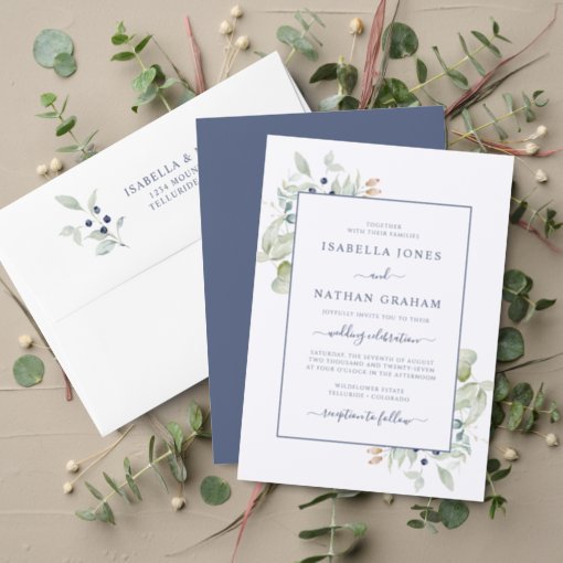 Elegant Sage Navy Watercolor Botanical Wedding Invitation | Zazzle