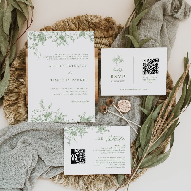 Sage Green Toile Classic Floral Wedding  Invitation