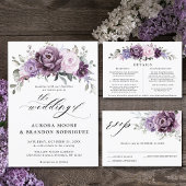 Shades of Dusty Purple Blooms Moody Floral Wedding All In One Invitation