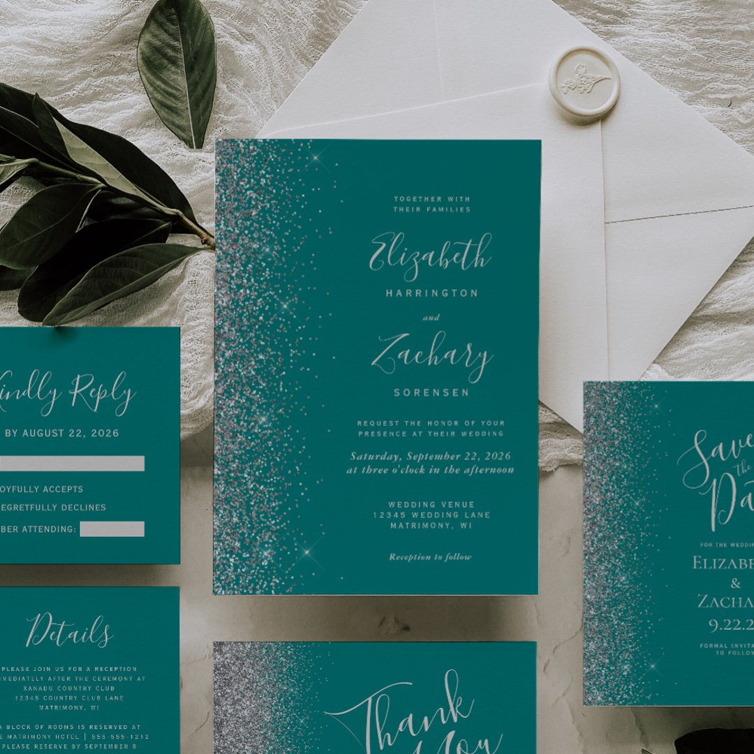 Modern Teal Blue Silver Glitter Edge Wedding Invitation | Zazzle