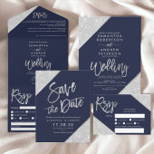 Chic silver glitter typography navy blue wedding Tri-Fold invitation