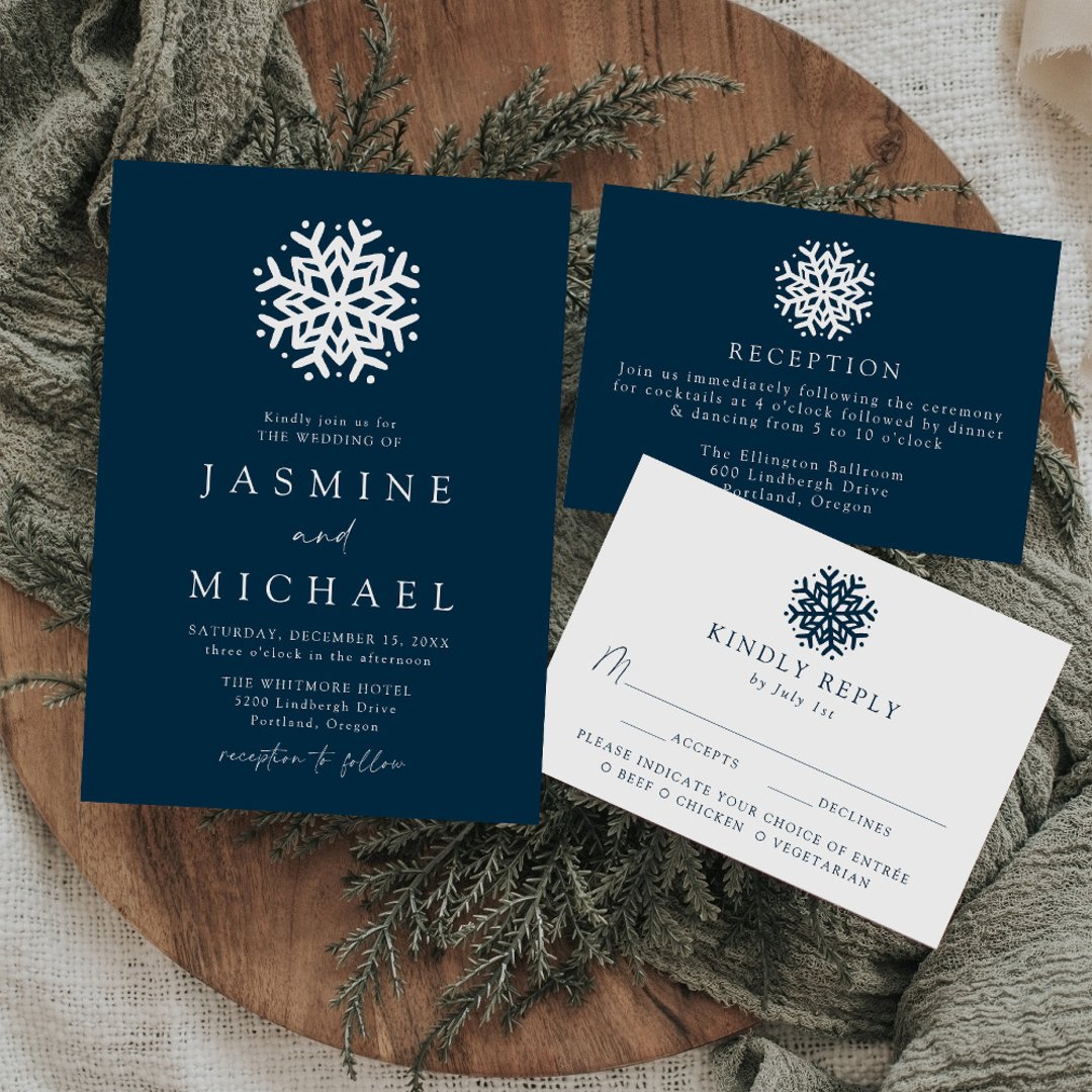 Simple Snowflake Navy QR Code Wedding RSVP Card | Zazzle