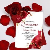 Red Dress & Roses Gold Glitter Quinceanera Party Invitation
