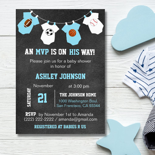 Chalkboard Sports Theme Baby Shower Invitations Zazzle
