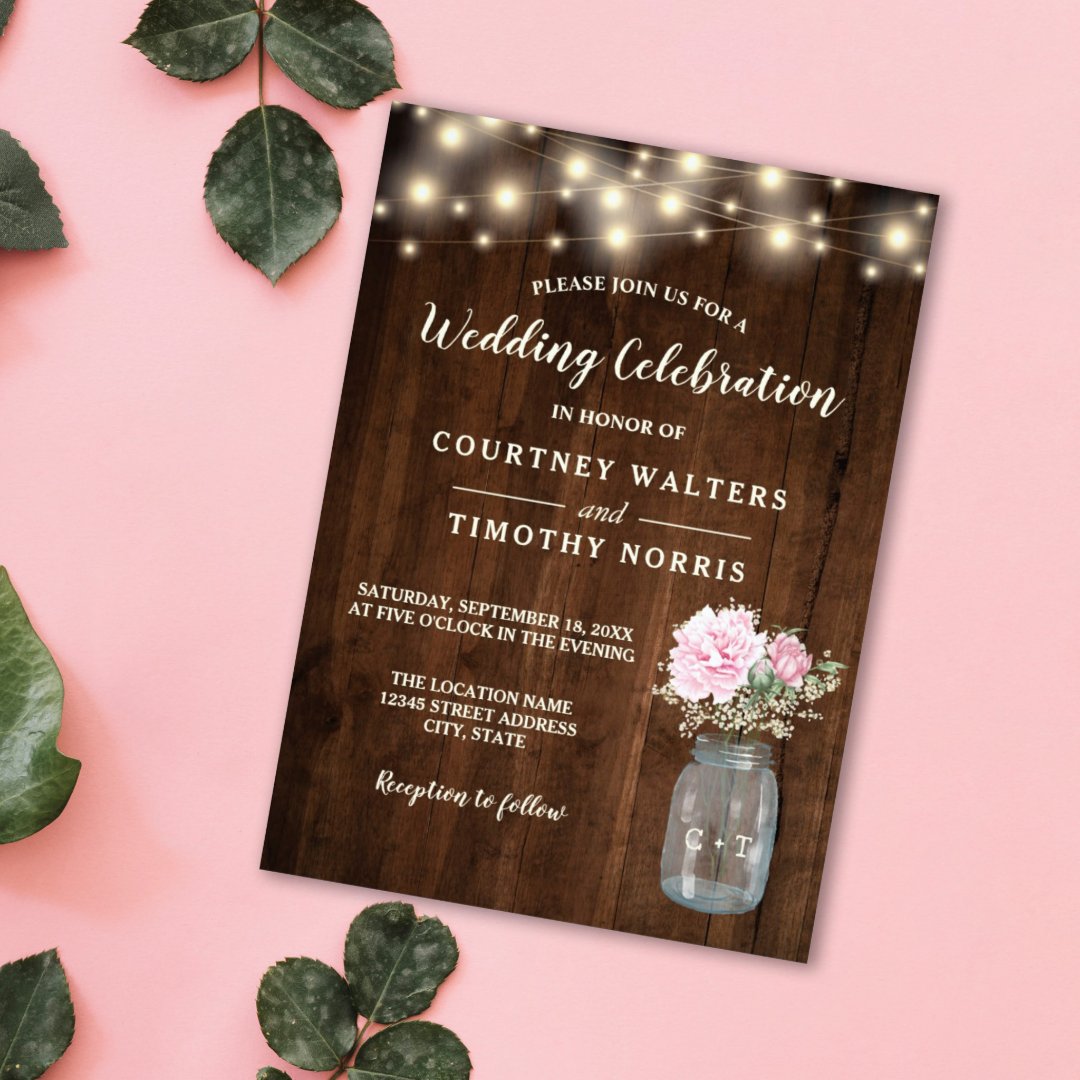 Rustic Wood String Light Mason Jar Floral Thank You Card | Zazzle