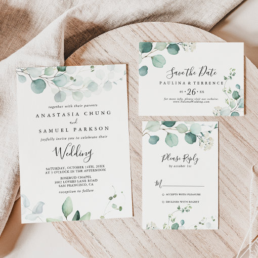 Summer Green Eucalyptus Front & Back Wedding Invitation | Zazzle