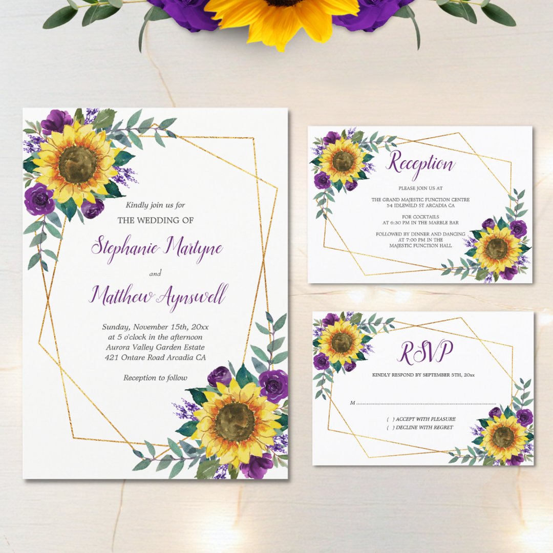 Sunflower Purple Floral Modern Geometric Wedding Invitation | Zazzle