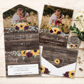 Sunflower Burgundy Roses Rustic Wood Photo Wedding All In One Invitation