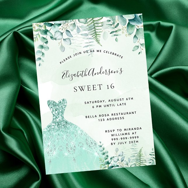 Sweet 16 enchanted forest greenery dress luxury invitation | Zazzle