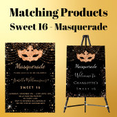 Masquerade black gold glitter dust Sweet 16 Invitation Postcard