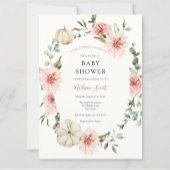 White Pumpkins and Pink Flowers Autumn Baby Shower Invitation