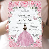 Quinceañera Pink Floral Princess Silver Butterfly Invitation