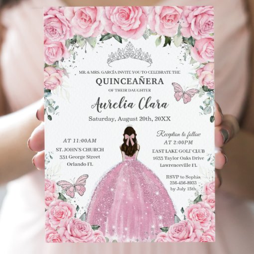 Quinceañera Pink Floral Butterflies Silver Tiara Invitation 