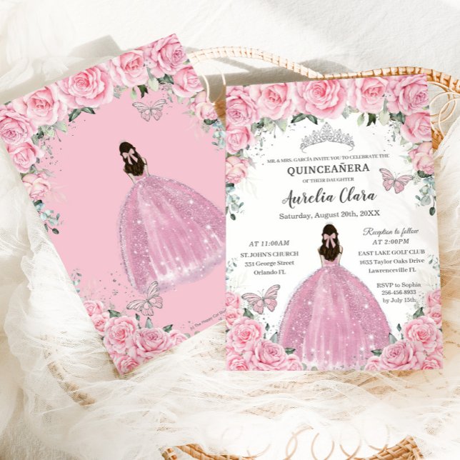 Quinceañera Pink Floral Butterflies Silver Tiara Invitation