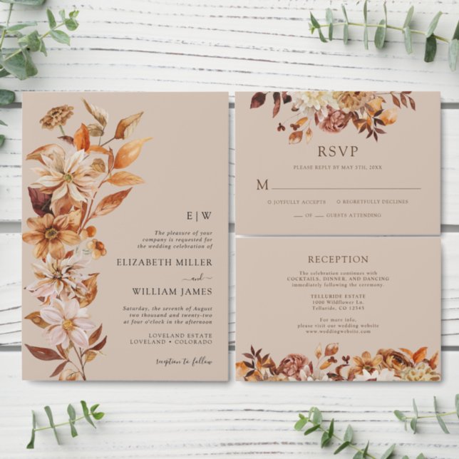 The Fall Floral Wedding Invitation Suite with RSVP Postcard, Autumn Sunflowers, Burnt Orange Florals for Wedding Invite, fashion Late Summer Blooms