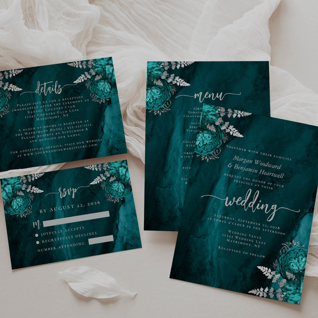 Elegant Teal Blue Silver Floral Wedding Invitation | Zazzle