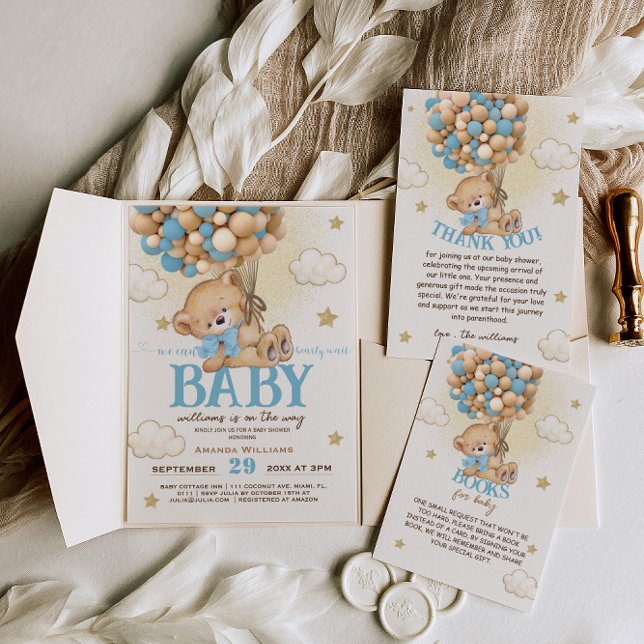Teddy Bear Boy Blue Balloon Baby Shower Invitation Zazzle