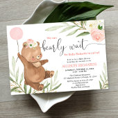 Pink floral teddy bear balloon girl baby shower invitation