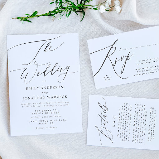 Simple Modern Calligraphy White And Black Wedding Rsvp Card 