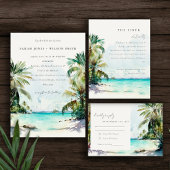 Tropical Sand Beach Watercolor Palm Trees Wedding RSVP Card
