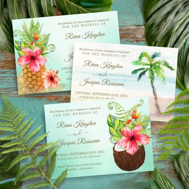 Island Tropical Wedding Invitation with RSVP Postcard and Kraft Paper Envelope, Hawaii Hawaiian Hibiscus shops Greenery Destination Wedding Invite