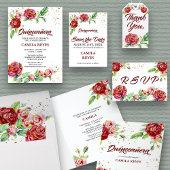 Vintage Floral Roses Red Pink and Gold Quinceanera Invitation