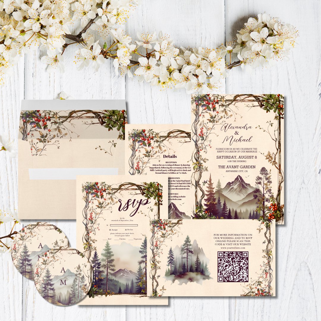 Rustic Mountain Forest Evergreen Tree Wedding Invitation | Zazzle