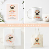Cute Watercolor Pug Peach Floral Kids Birthday Invitation