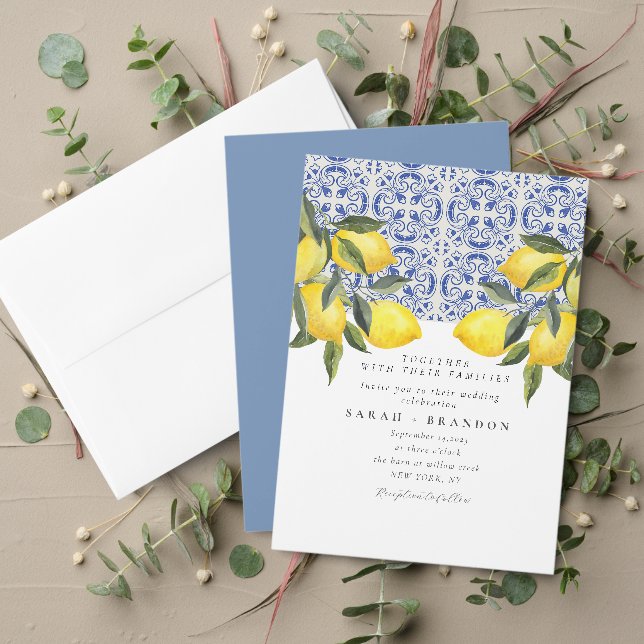 Watercolor Olive Blue tile Greece Wedding Invitation