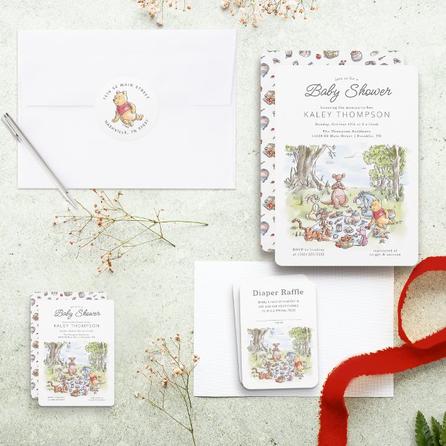 Watercolor Winnie the Pooh Picnic Baby Shower Invitation